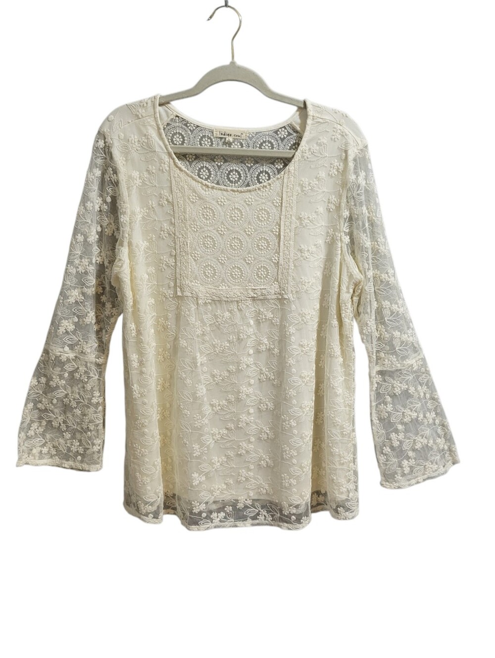 Indigo Soul Tunic Top Sz L Cream Lace Overlay Sheer Bell Sleeves Boho Ren Faire